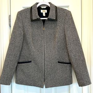 Talbots Classic Black and Gray Tweed Work Jacket or Blazer w/ Leather Trim sz. 8